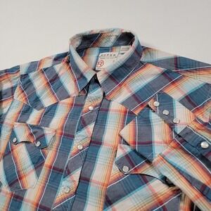 Roper Men Western Snap Shirt Medium Plaid Blue Orange Pearl Snap Cowboy